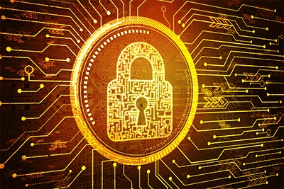 Digital padlock overlaid on electronic circuitry